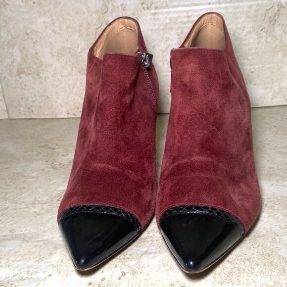 Burgundy Suede Pointed Toe Booties Black Patent Leather Tips Heels Office Casual - Picture 2 of 10